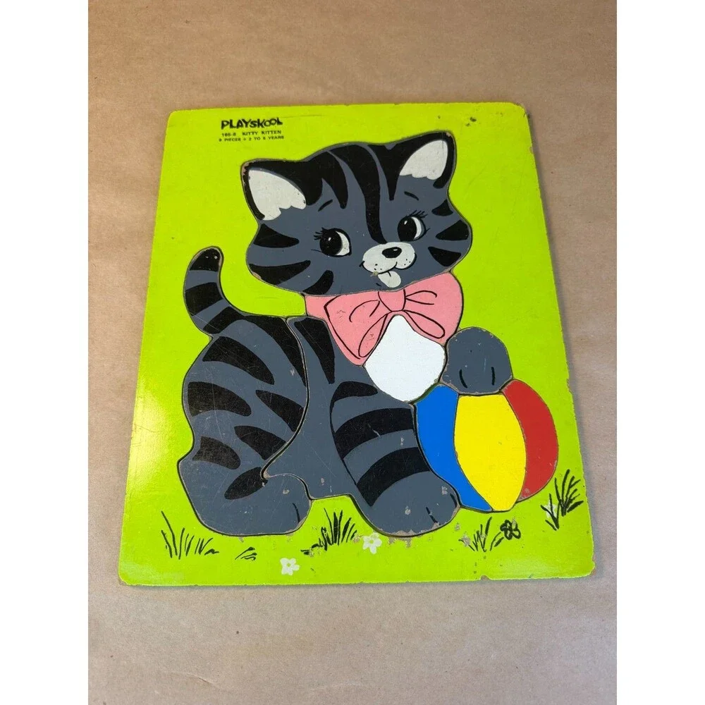 Vintage Playskool Wooden Puzzle 165-6 Kitty Kitten Cat with Ball 9 Pieces Tray